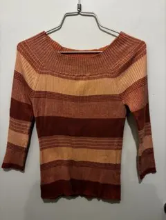 SHIPS オレンジ系ストライプ五分袖トップス