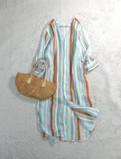 マカフィー◇トゥモローランド　前開きロングシャツストライプワンピース【M】日本製 MACPHEE（マカフィー） シャツワンピース ハイゲージストライプ シャツ