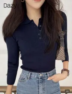 未着用DAZY リブニット トップス 長袖 ポロシャツ SHEIN ネイビー