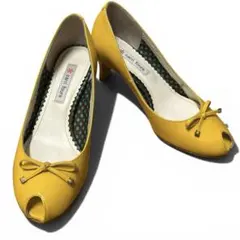 【美品】carri fours オープントゥパンプス イエロー リボン付き 23