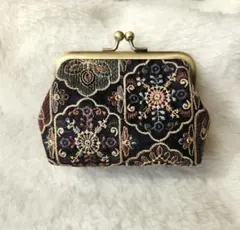 ㉗インド刺繍生地 がま口ポーチ 小物入れ ハンドメイド 10.5cm口金 青