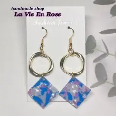 ハンドメイド ★ ブルー マーブル スクエア ピアス イヤリング