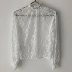 ハイネックトップス レディース　レース シアー 長袖 ホワイト