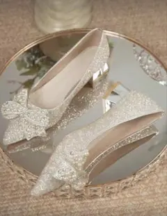 シルバー パール リボン 低ヒールパンプス