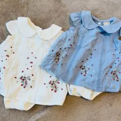 【美品】プティマイン 花柄刺繍 ロンパース 70 2枚セット 青 白 ベビー