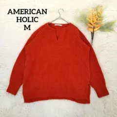 アメリカンホリック メンズニット(M)オレンジ ウール混 Vネック ザックリ
