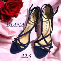 美品DIANA ネイビー ストラップサンダル 高ヒールブルーラメ