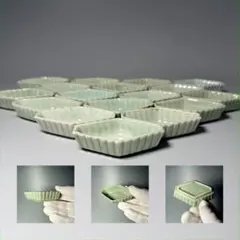 江戸後期〜明治時代　三田青磁　四方菊花形　17個　手塩皿　豆皿　小皿　古美術 江戸後期〜明治時代 三田青磁 四方菊花形 17個 手塩皿 豆皿 小皿 古