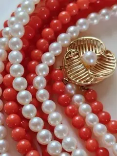 K14 アコヤ真珠ベビーパール、赤珊瑚の、３連ロングネックレス