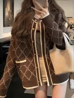 SHEIN ダイアモンド　カーディガン　ブラウン