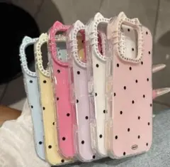 iphone15ケース ドット柄猫耳ジュエル