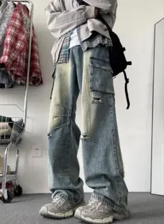 デニム　パンツ ジーンズ　ダメージ　ストリート　ワイド　ゆるだぼ　ダボパン