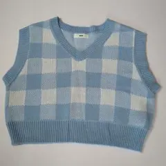 WEGO 水色と白のチェック柄ニットベスト