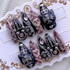 ネイルチップ 量産型 地雷 サブカル 天使界隈 黒 ピンク 猫 十字架 ハート