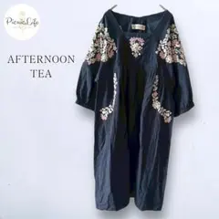 美品【アフタヌーンティー】花柄刺繍ロングワンピース 七分袖 長袖 ゆったり M