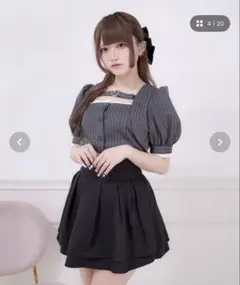 Palelfy ベルト付きストライプパフスリーブブラウス グレー
