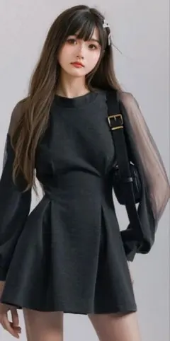 ダークグレー フレアドレス シースルー袖