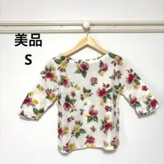 【美品】INES×UNIQLO花柄トップス リネン混 5分袖 S 上品 春夏