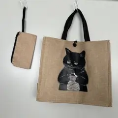 黒猫 布製トートバッグ 猫柄エコバッグ　人気商品　猫　ネコ　ねこ　ポーチ付