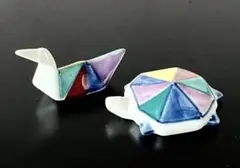 陶器製　箸置き　鶴亀　つるとカメの箸置き　2個セット　折り紙　色紙　縁起物　招福