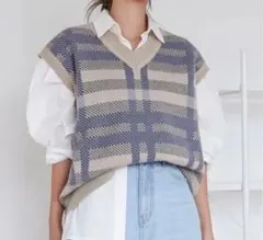 DAZY チェック柄 ニットベスト Vネック 韓国風 オーバーサイズ L 秋 春