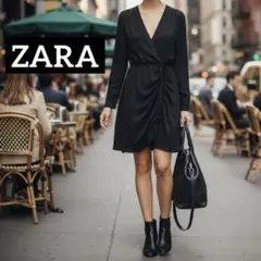 【美品】ZARA カシュクールギャザーミニワンピース ドレープ リボン 黒 XS