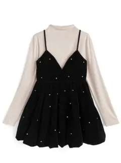 ビジューベロアキャミソールミニワンピース×ボトルネックトップスセットアップ