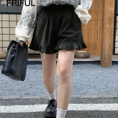 コーデュロイ フリル ショートパンツ ブラック M