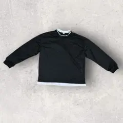 クルーネック スウェット 無地 ブラック 襟、裾ホワイト レイヤード風 サイズM