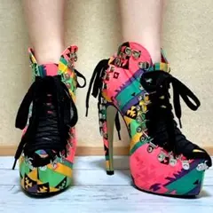 ハイヒール ショートブーツ 個性的 カラフル ピンヒール 編み上げ