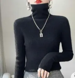 ブラック タートルネック 柔らかいニットセーター 伸縮性があり 着やすい　M