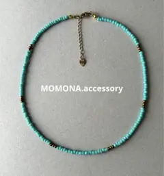 #81 エメラルドグリーン×ブラックゴールド　ビーズネックレス　ステンレス