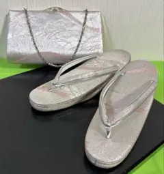 【和装】シルバー&ピンクの草履バッグセット