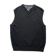 トミーヒルフィガー コットン Vネック ニットベスト メンズXL ブラック 黒色