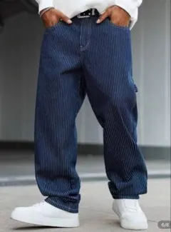 ワイドデニムパンツ　ストライプ