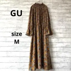 GU 花柄 ロングワンピース ブラウン系 長袖 シャーリング　体型カバー　M
