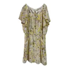 花柄ワンピース シフォン 半袖 リボン付き フレア 膝丈 春夏 レディース M