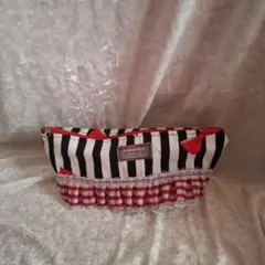 ハンドメイド リボン柄フリル付きマチ付きポーチ