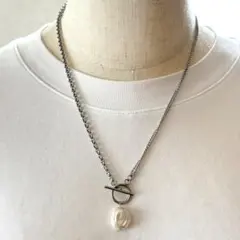 バロックパール　デザインチェーン　マンテルネックレス　サージカルステンレス