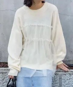 MONO-MART チュール フリル ドッキング プルオーバー ニット