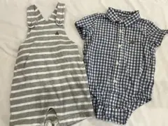 baby GAPホワイト×グレーボーダーロンパース　ブルーチェックロンパース