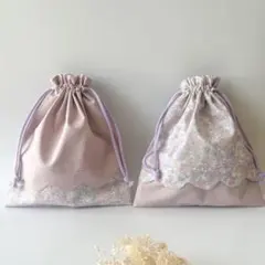 巾着袋　給食袋　コップ袋　2枚セット〈スカラップお花リボンラベンダーミックス〉