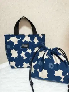 2点セットトートバッグ、お弁当袋花柄ブルー　ハンドメイド