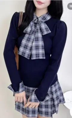 チェック柄ボウタイシャツドッキングニットワンピース