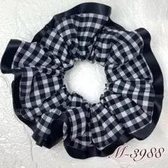 ハンドメイドシュシュM-3988♡ギンガムチェックポリエステル♡リボン付♡