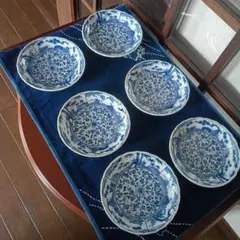 三洋陶器 龍峰窯 花鳥図 染付 中鉢揃 5枚セット 中皿 輪花皿 古伊万里