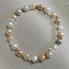 ブレスレット　淡水パール　クリスタル　真珠　マルチカラー　ゴム仕上げ　冠婚葬祭