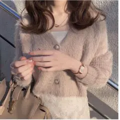 【GRL】【新品未使用】ショート丈パールボタンシャギーニットカーディガン