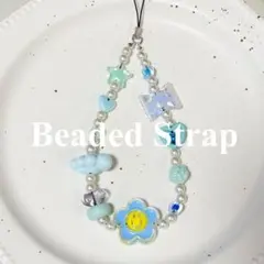 #36ハンドメイド ビーズストラップ 水色