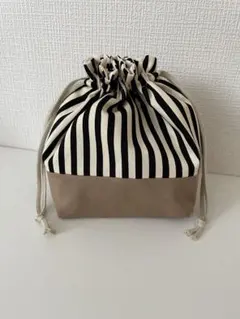 お弁当袋 白黒×ブラウン ストライプ柄 フリル口 シンプル 男女兼用